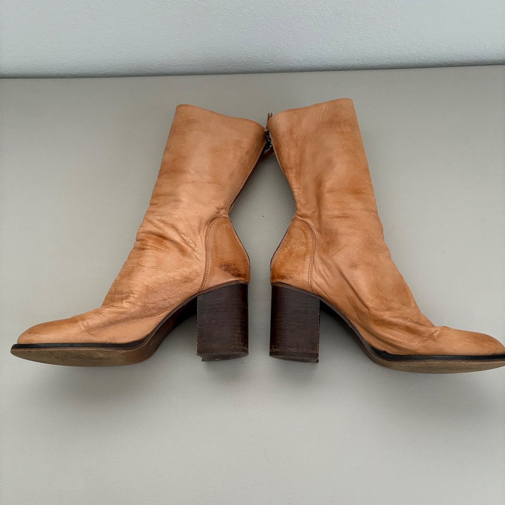 Free People Elle Block Heel Boot Slouchy Leather Back Zipper EU 39 US 8.5 Tan - Picture 3 of 11